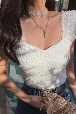 Handmade French Lace Flutter Sleeve Camisole Top for Women - Sweet Fairy Style, Elastic Fit, Perfect for Romantic Looks