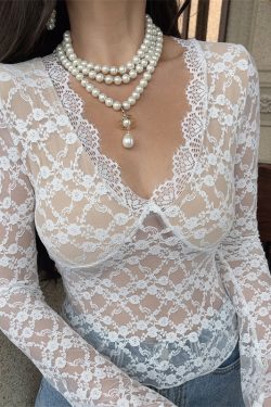 Handmade French V-Neck Lace Long Sleeve Top - Sexy Fairy Style for a Beautiful Look - Perfect for 90s and Y2K Inspired Fashion