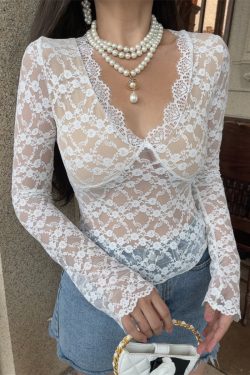 Handmade French V-Neck Lace Long Sleeve Top - Sexy Fairy Style for a Beautiful Look - Perfect for 90s and Y2K Inspired Fashion