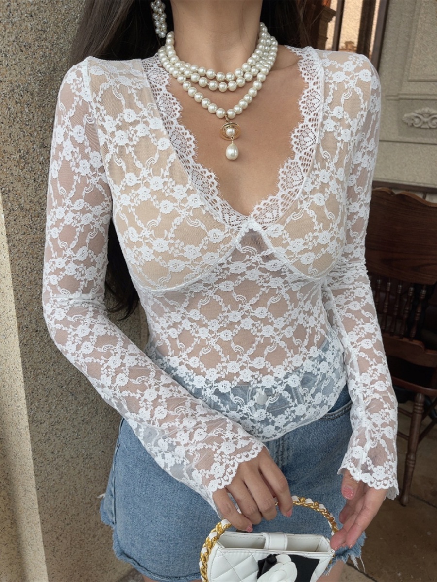Handmade French V-Neck Lace Long Sleeve Top - Sexy Fairy Style for a Beautiful Look - Perfect for 90s and Y2K Inspired Fashion Handmade French V-Neck Lace Long Sleeve Top - Sexy Fairy Style for a Beautiful Look - Perfect for 90s and Y2K Inspired Fashion