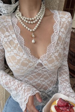 Handmade French V-Neck Lace Long Sleeve Top - Sexy Fairy Style for a Beautiful Look - Perfect for 90s and Y2K Inspired Fashion