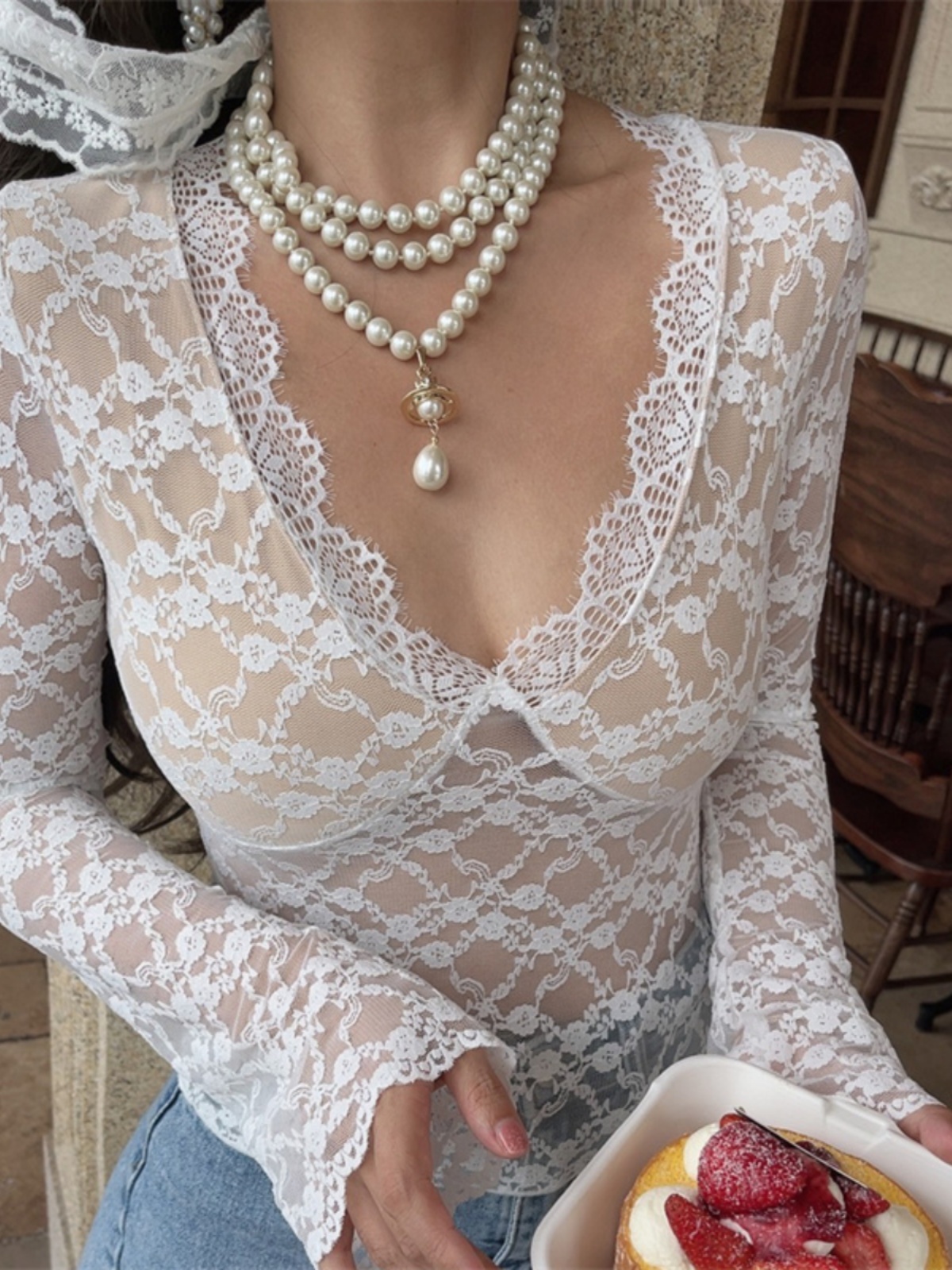 Handmade French V-Neck Lace Long Sleeve Top - Sexy Fairy Style for a Beautiful Look - Perfect for 90s and Y2K Inspired Fashion Handmade French V-Neck Lace Long Sleeve Top - Sexy Fairy Style for a Beautiful Look - Perfect for 90s and Y2K Inspired Fashion