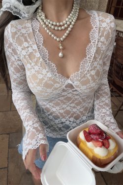 Handmade French V-Neck Lace Long Sleeve Top - Sexy Fairy Style for a Beautiful Look - Perfect for 90s and Y2K Inspired Fashion