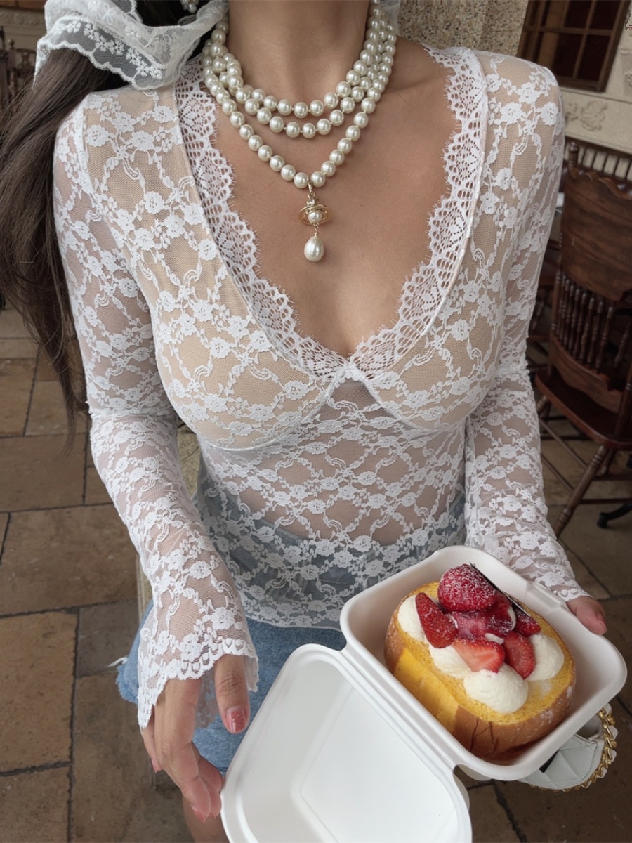 Handmade French V-Neck Lace Long Sleeve Top - Sexy Fairy Style for a Beautiful Look - Perfect for 90s and Y2K Inspired Fashion Handmade French V-Neck Lace Long Sleeve Top - Sexy Fairy Style for a Beautiful Look - Perfect for 90s and Y2K Inspired Fashion