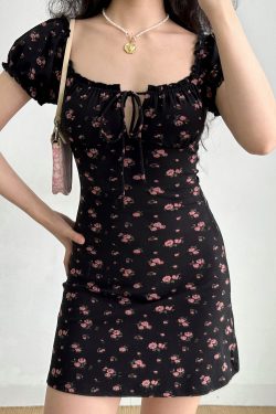 Handmade French Vintage Floral Dress for Women - Hollow-Out Tie-Up Square Neck, Puff Sleeves, Short Skirt, Summer Style