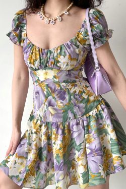 Handmade French Vintage Floral Puff Sleeve Short Sleeve Dress with Back Tie - Chic Women’s Short Skirt for Y2K Style