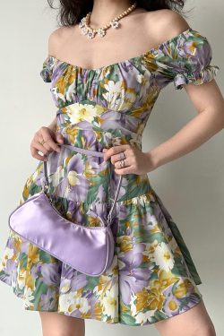 Handmade French Vintage Floral Puff Sleeve Short Sleeve Dress with Back Tie - Chic Women’s Short Skirt for Y2K Style