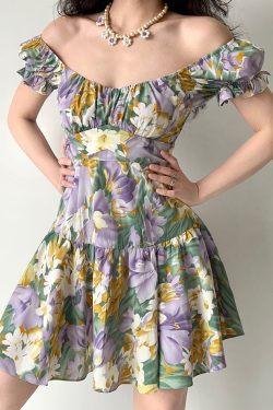Handmade French Vintage Floral Puff Sleeve Short Sleeve Dress with Back Tie - Chic Women’s Short Skirt for Y2K Style