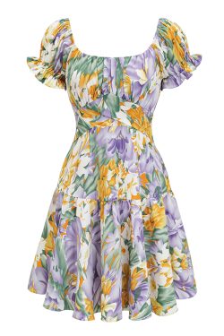 Handmade French Vintage Floral Puff Sleeve Short Sleeve Dress with Back Tie - Chic Women’s Short Skirt for Y2K Style