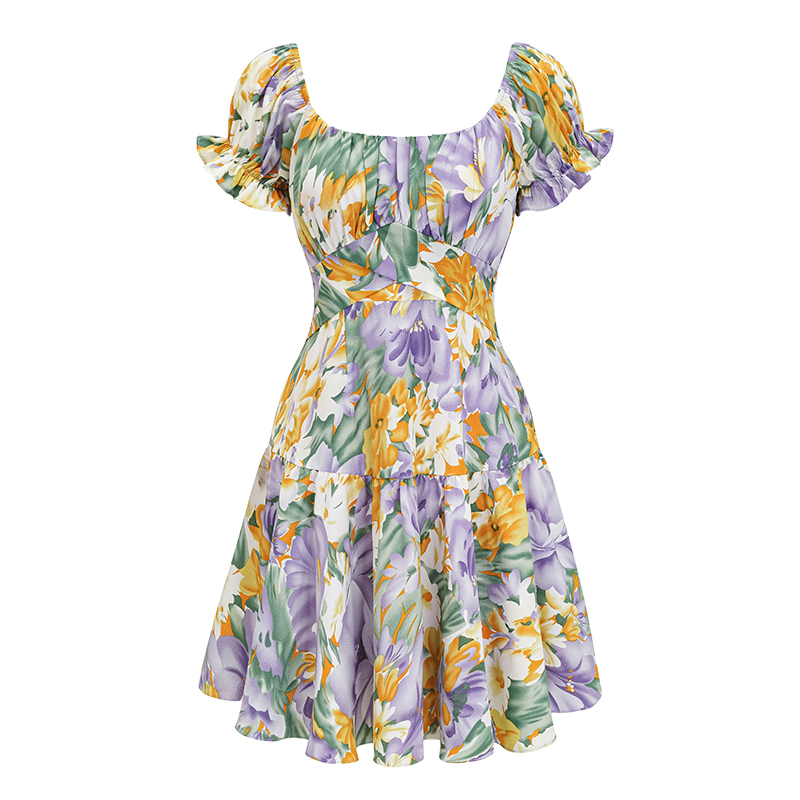 Handmade French Vintage Floral Puff Sleeve Short Sleeve Dress with Back Tie - Chic Women’s Short Skirt for Y2K Style Handmade French Vintage Floral Puff Sleeve Short Sleeve Dress with Back Tie - Chic Women’s Short Skirt for Y2K Style