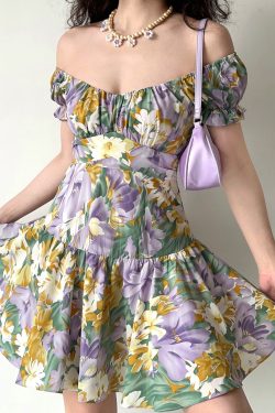 Handmade French Vintage Floral Puff Sleeve Short Sleeve Dress with Back Tie - Chic Women’s Short Skirt for Y2K Style