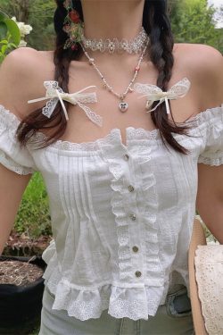 Handmade One-Shoulder White Blouse with Puff Sleeves and Lotus Leaf Design for Vacation, Boho Style