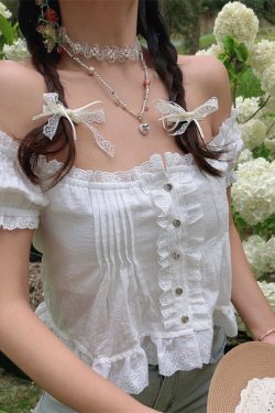 Handmade One-Shoulder White Blouse with Puff Sleeves and Lotus Leaf Design for Vacation, Boho Style