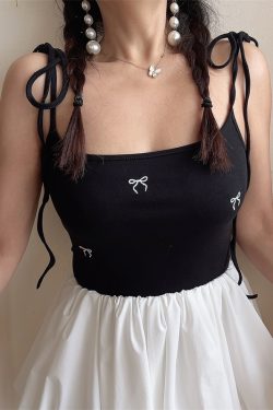 Handmade Retro Bow Embroidery Camisole for Girls - Versatile Spring & Summer Ballet Style with Elastic Straps