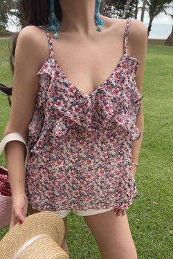 Handmade Ruffled V-Neck Floral Camisole for Women - Summer 2025 Ultra-Fairy Vacation Top in 90s Inspired Style