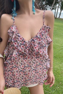 Handmade Ruffled V-Neck Floral Camisole for Women - Summer 2025 Ultra-Fairy Vacation Top in 90s Inspired Style