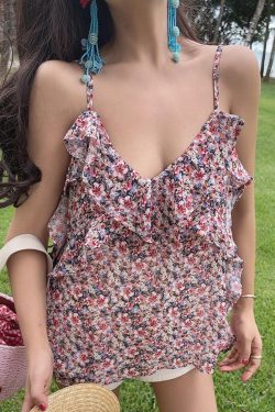Handmade Ruffled V-Neck Floral Camisole for Women - Summer 2025 Ultra-Fairy Vacation Top in 90s Inspired Style