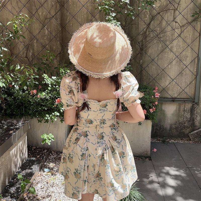 Handmade Spring Summer French Square Neck Lace Trim Puff Sleeve Court Waist Dress for Vacation - Chic Floral Style Handmade Spring Summer French Square Neck Lace Trim Puff Sleeve Court Waist Dress for Vacation - Chic Floral Style