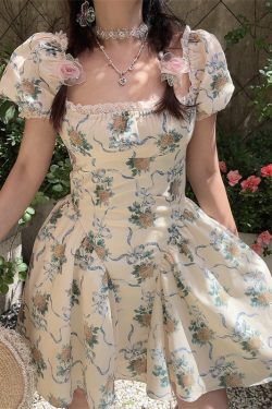 Handmade Spring Summer French Square Neck Lace Trim Puff Sleeve Court Waist Dress for Vacation - Chic Floral Style