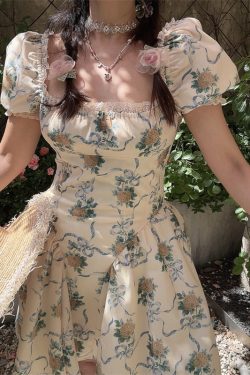 Handmade Spring Summer French Square Neck Lace Trim Puff Sleeve Court Waist Dress for Vacation - Chic Floral Style