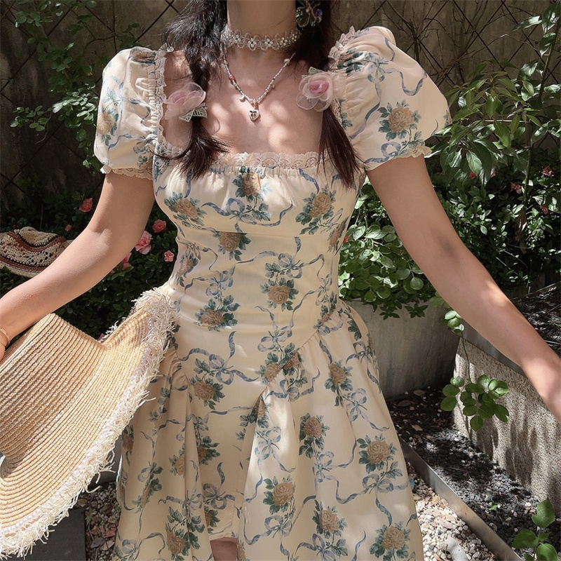 Handmade Spring Summer French Square Neck Lace Trim Puff Sleeve Court Waist Dress for Vacation - Chic Floral Style Handmade Spring Summer French Square Neck Lace Trim Puff Sleeve Court Waist Dress for Vacation - Chic Floral Style