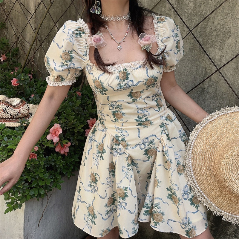 Handmade Spring Summer French Square Neck Lace Trim Puff Sleeve Court Waist Dress for Vacation - Chic Floral Style Handmade Spring Summer French Square Neck Lace Trim Puff Sleeve Court Waist Dress for Vacation - Chic Floral Style