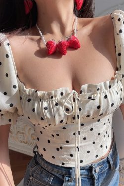 Handmade Spring Summer French Vintage Polka Dot Blouse with Square Neck, Drawstring Puff Sleeves, Waist-Revealing Design for Women