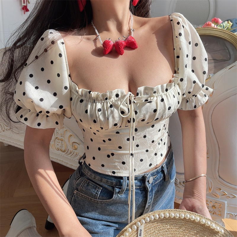 Handmade Spring Summer French Vintage Polka Dot Blouse with Square Neck, Drawstring Puff Sleeves, Waist-Revealing Design for Women Handmade Spring Summer French Vintage Polka Dot Blouse with Square Neck, Drawstring Puff Sleeves, Waist-Revealing Design for Women