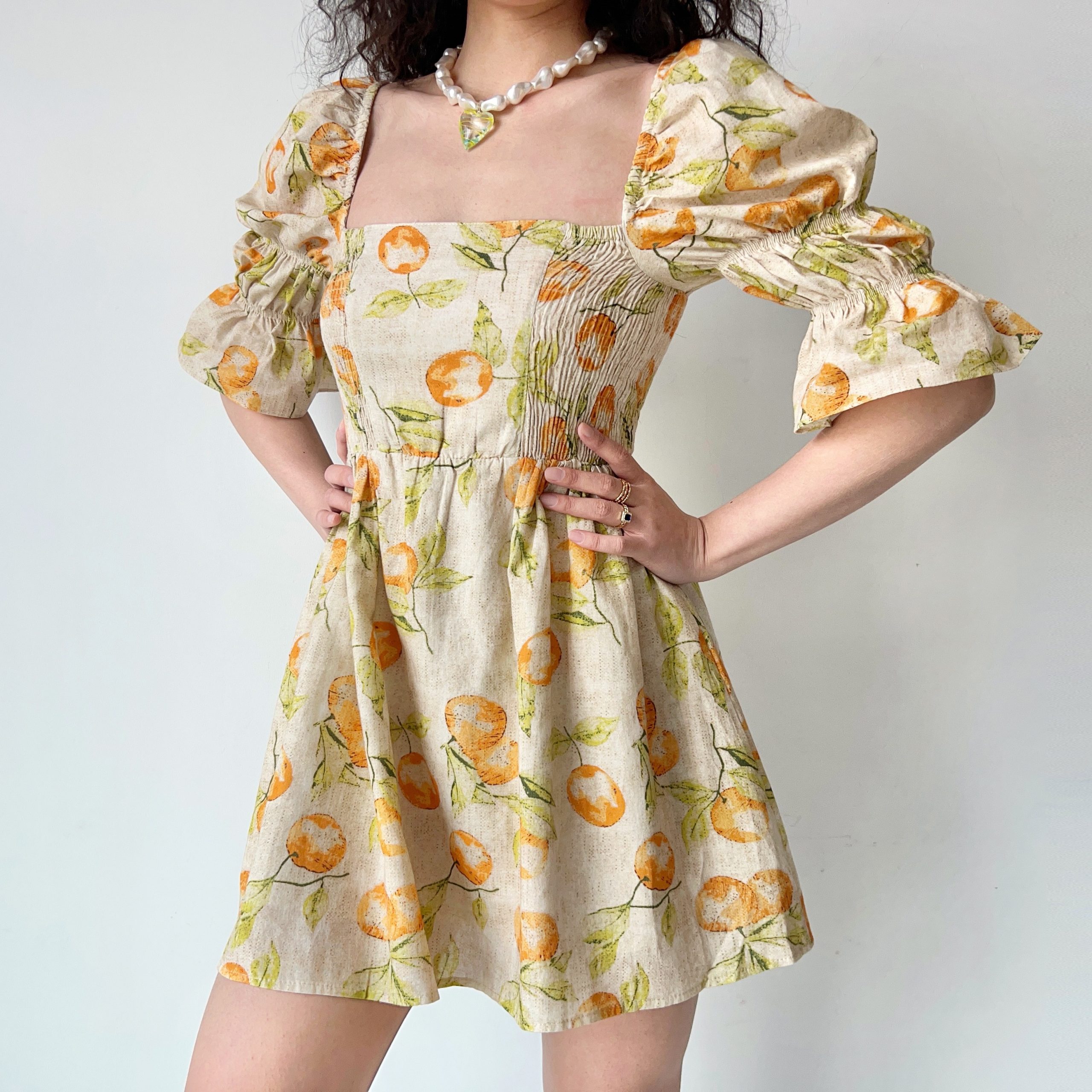 Handmade Vintage Distressed Fruit Print Square Neck Puff Sleeve Dress - Perfect for 90s and Y2K Inspired Fashion Handmade Vintage Distressed Fruit Print Square Neck Puff Sleeve Dress - Perfect for 90s and Y2K Inspired Fashion