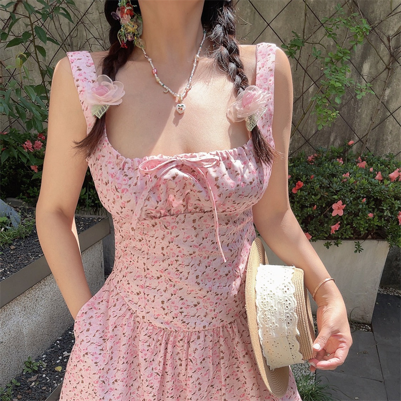 Handmade Vintage Floral Camisole Dress with Pocket - Sweet Pink Square Neck Drawstring Vacation Style, Perfect for Summer Outings Handmade Vintage Floral Camisole Dress with Pocket - Sweet Pink Square Neck Drawstring Vacation Style, Perfect for Summer Outings