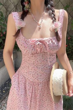 Handmade Vintage Floral Camisole Dress with Pocket - Sweet Pink Square Neck Drawstring Vacation Style, Perfect for Summer Outings