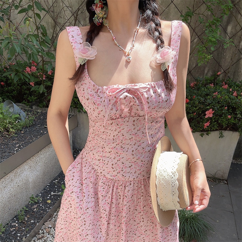 Handmade Vintage Floral Camisole Dress with Pocket - Sweet Pink Square Neck Drawstring Vacation Style, Perfect for Summer Outings Handmade Vintage Floral Camisole Dress with Pocket - Sweet Pink Square Neck Drawstring Vacation Style, Perfect for Summer Outings