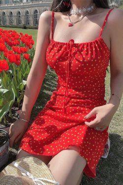 Handmade Vintage Polka Dot Little Red Dress with Drawstring Waist - Women's French Vacation Style Camisole Dress