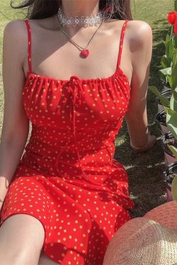 Handmade Vintage Polka Dot Little Red Dress with Drawstring Waist - Women's French Vacation Style Camisole Dress