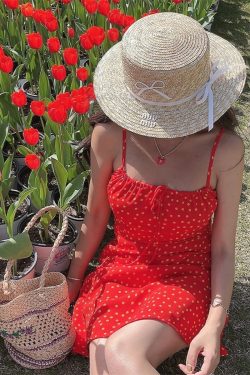 Handmade Vintage Polka Dot Little Red Dress with Drawstring Waist - Women's French Vacation Style Camisole Dress