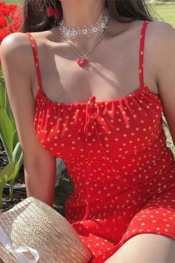Handmade Vintage Polka Dot Little Red Dress with Drawstring Waist - Women's French Vacation Style Camisole Dress