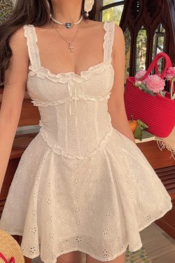 Handmade White Dress with French Square Neck and Fishbone Waist - 2025 Spring/Summer Vacation Style