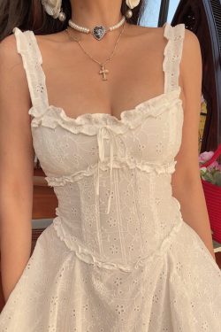 Handmade White Dress with French Square Neck and Fishbone Waist - 2025 Spring/Summer Vacation Style