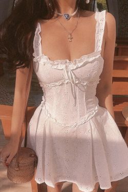 Handmade White Dress with French Square Neck and Fishbone Waist - 2025 Spring/Summer Vacation Style