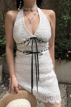 Handmade White Halter Dress with V-Neck, Bow Tie, and Flowing Lace - Perfect for Vacation and Summer Events