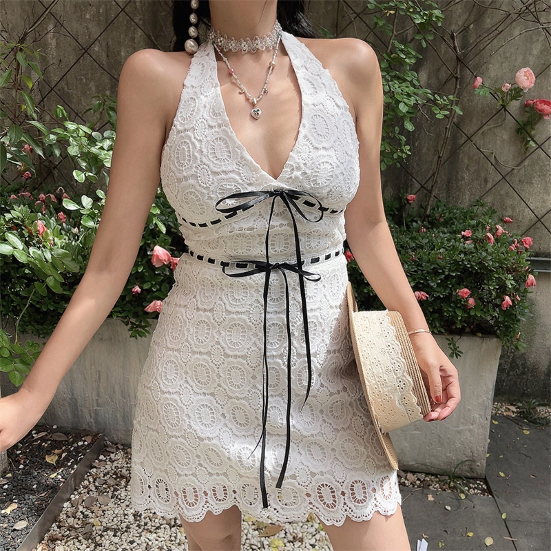 Handmade White Halter Dress with V-Neck, Bow Tie, and Flowing Lace - Perfect for Vacation and Summer Events Handmade White Halter Dress with V-Neck, Bow Tie, and Flowing Lace - Perfect for Vacation and Summer Events