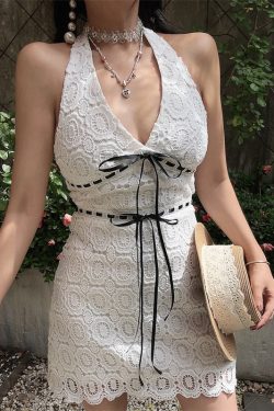 Handmade White Halter Dress with V-Neck, Bow Tie, and Flowing Lace - Perfect for Vacation and Summer Events