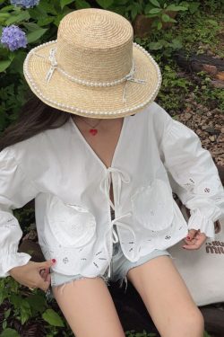 Handmade White Lantern Sleeve Shirt for Women with Embroidered Hollow Flower Design - Perfect for Vacation & 90s Aesthetic