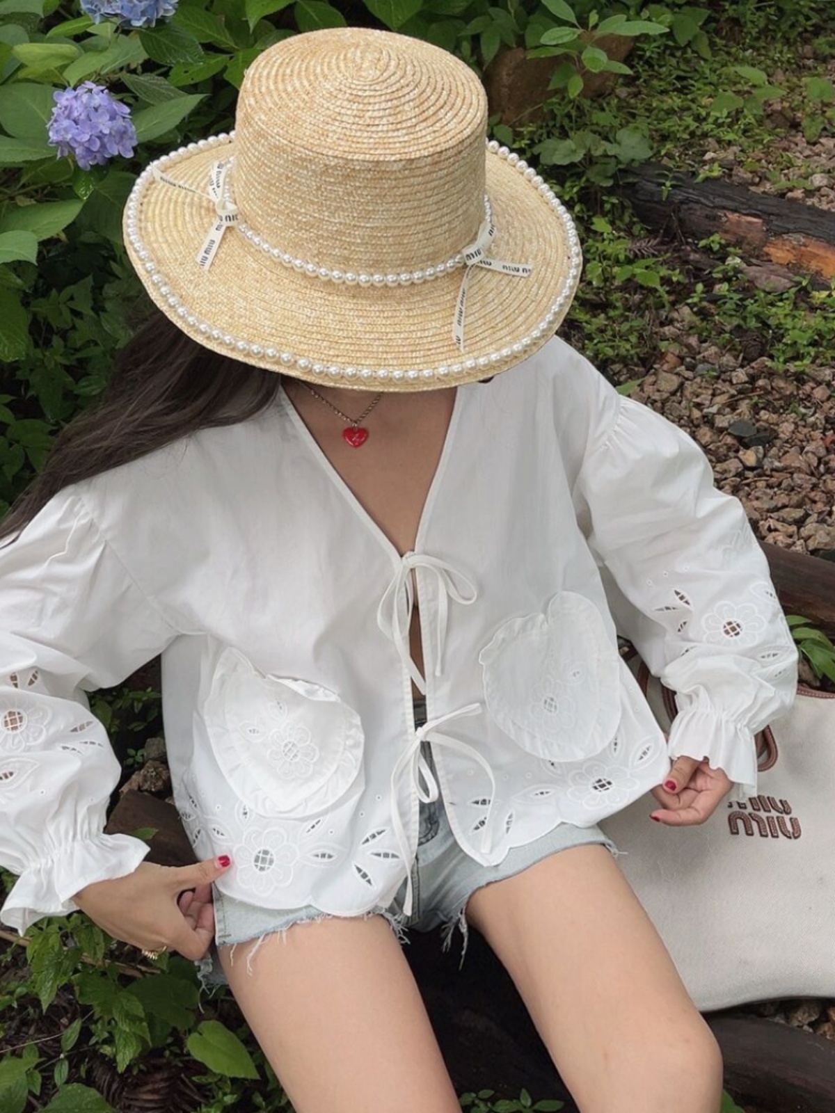 Handmade White Lantern Sleeve Shirt for Women with Embroidered Hollow Flower Design - Perfect for Vacation & 90s Aesthetic Handmade White Lantern Sleeve Shirt for Women with Embroidered Hollow Flower Design - Perfect for Vacation & 90s Aesthetic