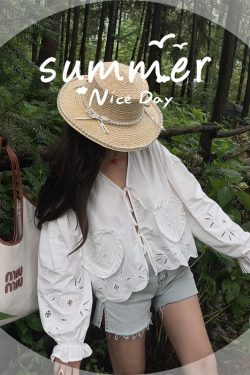 Handmade White Lantern Sleeve Shirt for Women with Embroidered Hollow Flower Design - Perfect for Vacation & 90s Aesthetic