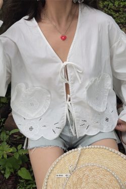 Handmade White Lantern Sleeve Shirt for Women with Embroidered Hollow Flower Design - Perfect for Vacation & 90s Aesthetic