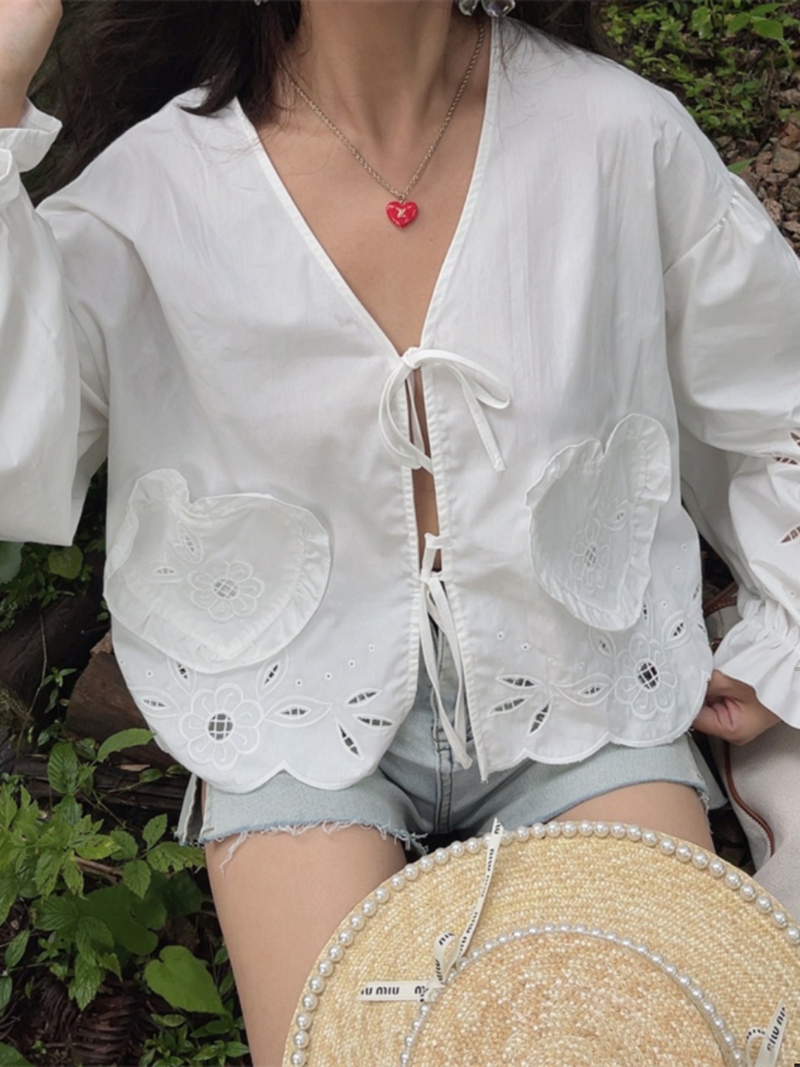 Handmade White Lantern Sleeve Shirt for Women with Embroidered Hollow Flower Design - Perfect for Vacation & 90s Aesthetic Handmade White Lantern Sleeve Shirt for Women with Embroidered Hollow Flower Design - Perfect for Vacation & 90s Aesthetic