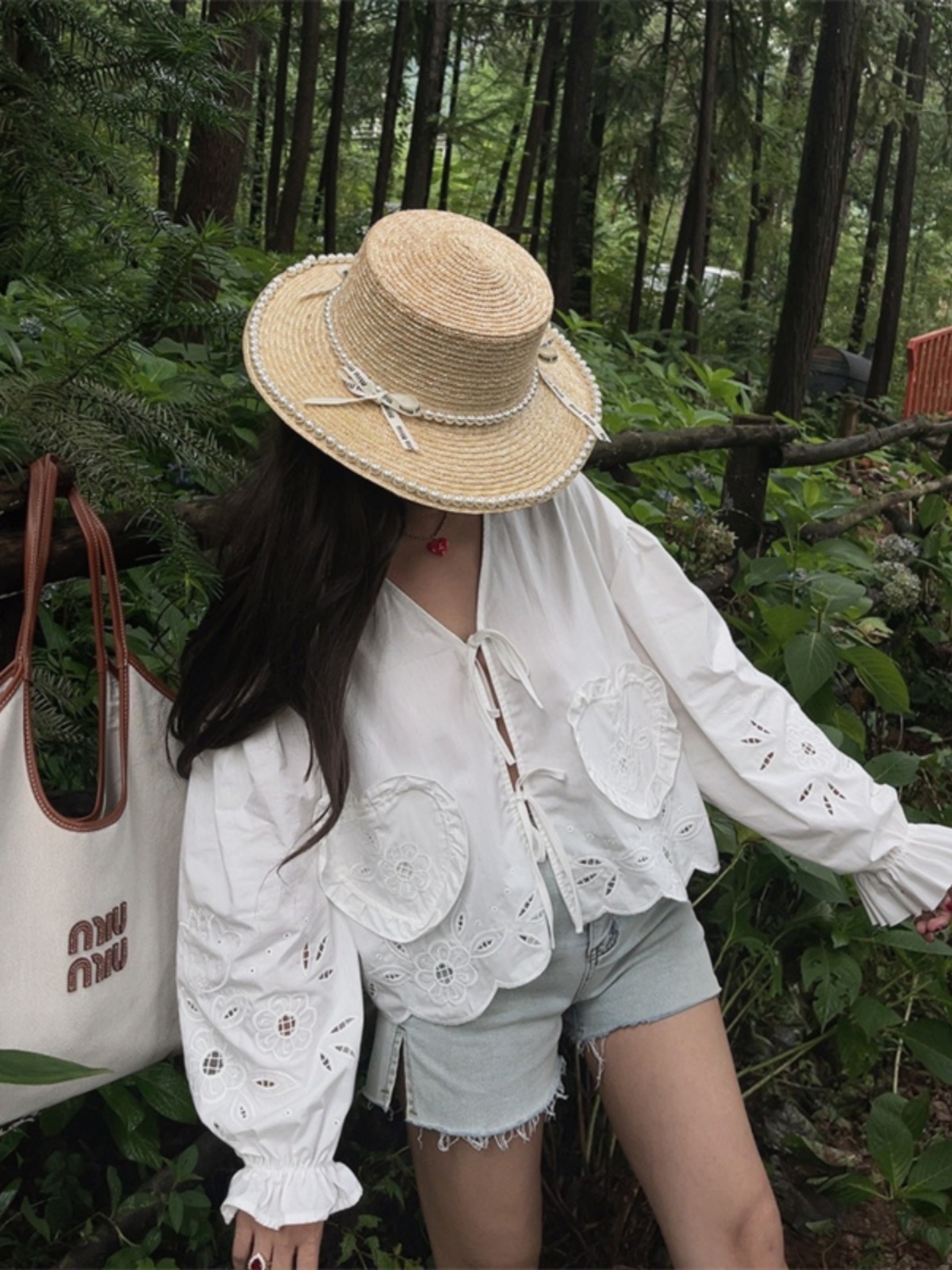 Handmade White Lantern Sleeve Shirt for Women with Embroidered Hollow Flower Design - Perfect for Vacation & 90s Aesthetic Handmade White Lantern Sleeve Shirt for Women with Embroidered Hollow Flower Design - Perfect for Vacation & 90s Aesthetic