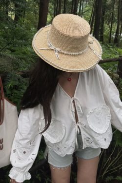 Handmade White Lantern Sleeve Shirt for Women with Embroidered Hollow Flower Design - Perfect for Vacation & 90s Aesthetic