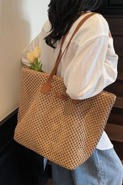 Handwoven Straw Tote Bag for Women, Large Capacity, Trendy Beach Vacation Shoulder Bag, 2025 Style